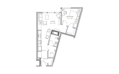 Floor plan for 1 bed, 1 bath, 723 sqft